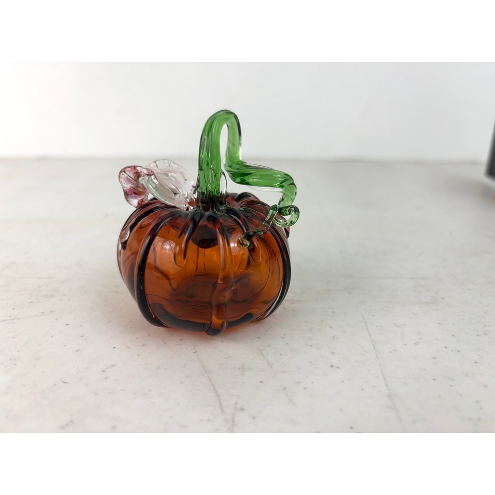 Small Hand Blown Amber Art Glass Pumpkin Green Stem Pink Flower 3"